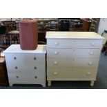 A white painted Victorian pine chest of four long graduated drawers on turned feet, 106cm wide,