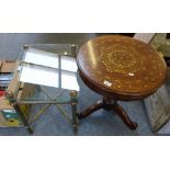 An Eastern brass inlaid hardwood circular pedestal occasional table, 55cm diameter, together with