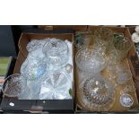 Two boxes of glassware including stilton cheese dome, vases, another cheese dome etc.