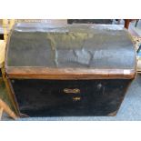 A Victorian canvas and leather covered wicker dome topped trunk, 75cm wide