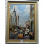 H.S.Morgan oil painting of street scene, Fish porters