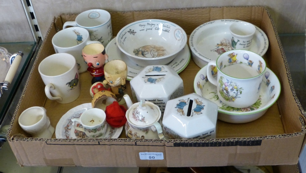 Peter Rabbit nursery china including dishes, money boxes, cups, saucers etc.