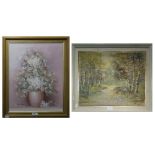 A woodland oil painting, indistinctly signed, together with Still Life, Nancy Lee (2)