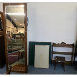 A pitch pine framed dressing mirror, an oak three-tier open wall rack, a leather topped stool, two