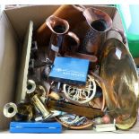 A box of metal ware including plated candlesticks, brass candlesticks, copper jugs, brass plates,