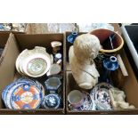 Miscellaneous china including decorative plates, Majolica style planter, a pair of candlesticks,