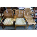 Two cane backed armchairs, two canework chairs, a cane seat dressing stool and a Victorian bedroom