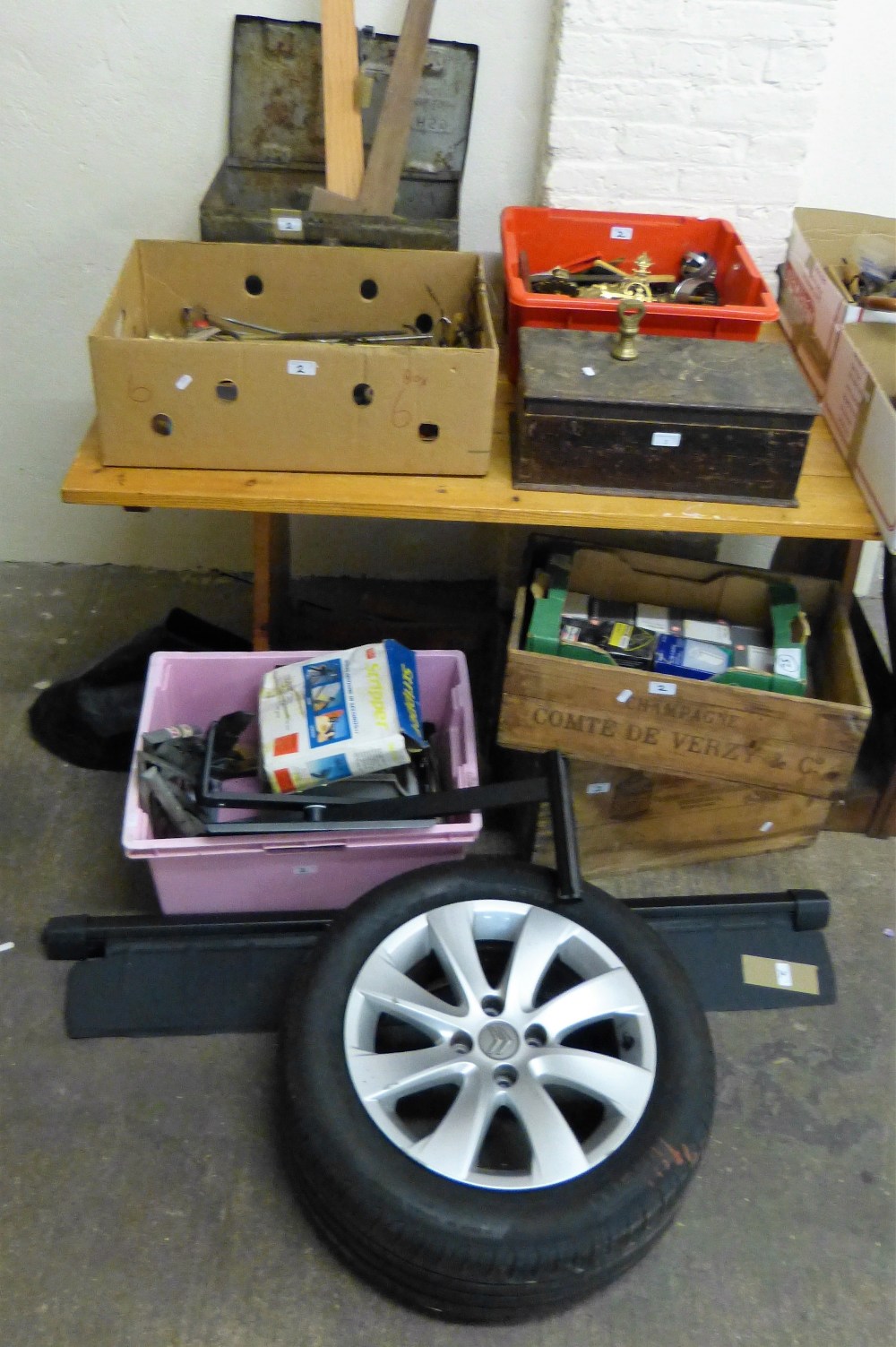 Two boxes of metalware etc. together with a metal toolbox with contents and a further box of