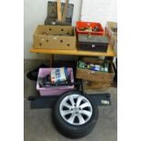Two boxes of metalware etc. together with a metal toolbox with contents and a further box of