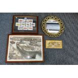 A print of a trawler leaving St Andrew's Dock, Hull c 1955, a gilt framed circular mirror, a print