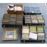 Three boxes of postcards together wit an empty case and a further wooden box of aircraft cuttings