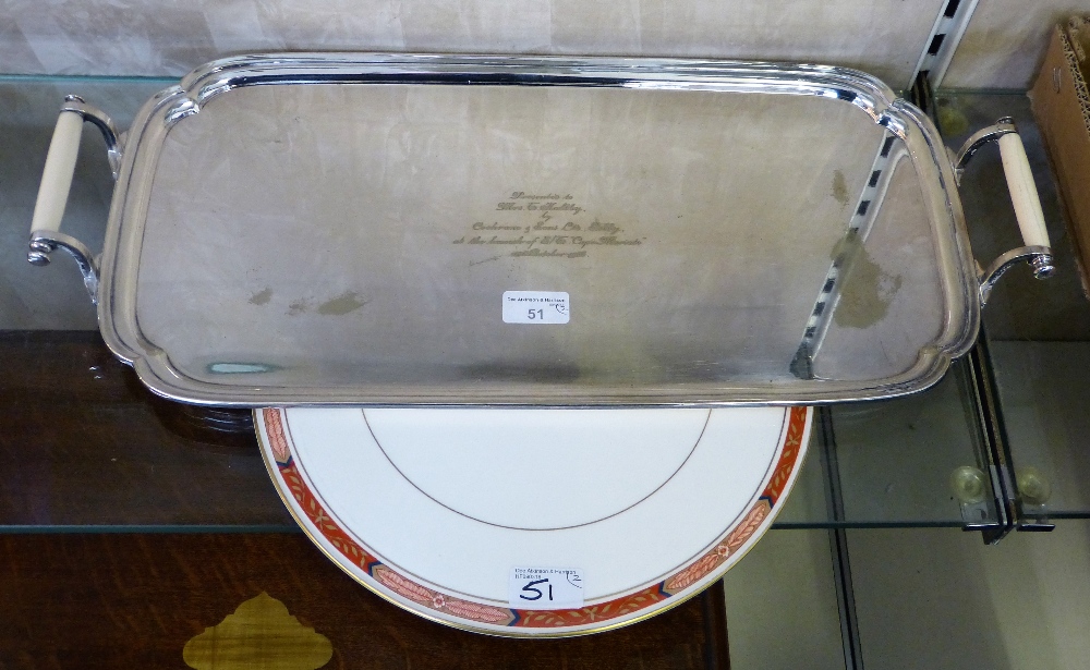 A Royal Worcester cake plate together with presentation silver plated tray dated 1956 (2)