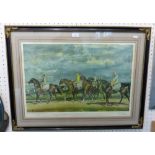 A coloured print of race horses "Warren Hill, Newmarket" after A.J.Munnings, with a personal