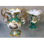 Two Victorian urn shaped twin handled vases each painted with a landscape scene (2)