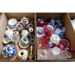 A box of glassware including cranberry glass, decanters, glass basket, scent bottle, various