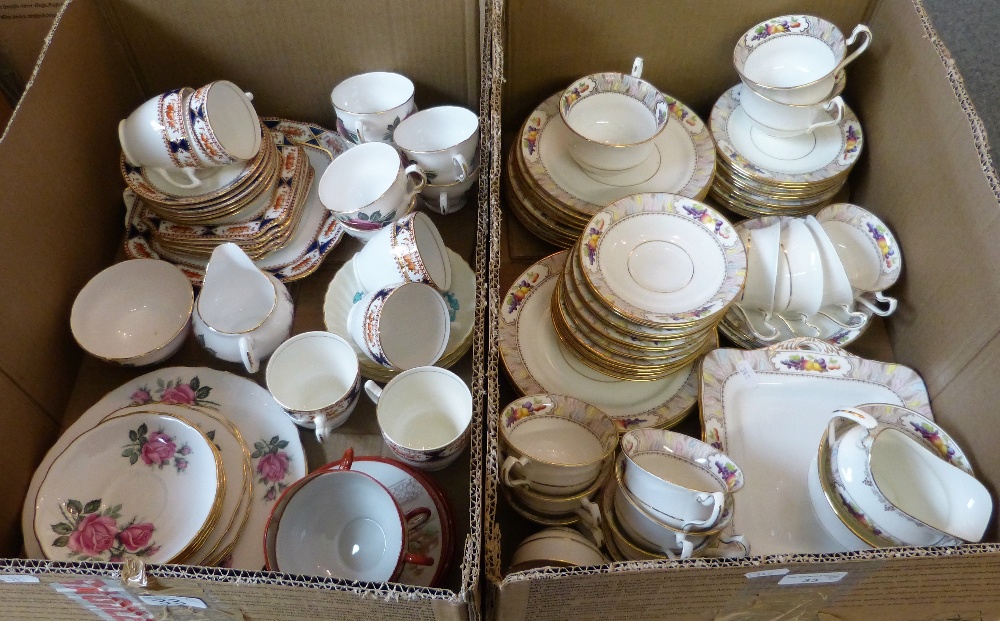 Two boxes of teaware including Royal Vale bone china, English Bell china pattern no. 2273, Minton