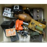 A box of electronic instruments, cameras etc.