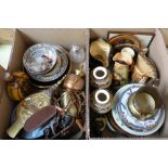 Two boxes of miscellaneous including toby jugs, a pair of Japanese vases, lustre ware, bellows,