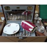 A Viners canteen of cutlery together with candelabra, commemorative plate, jug and camera