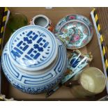 A Chinese blue/white ginger jar, graduated pair of Gouda wall pockets, Imari vase etc.