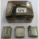 A silver cigarette box, marks worn, a Victorian silver vesta case Chester 1886 with ribbed