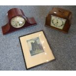 Two mantle clocks together with a etching of Amiens Cathedral