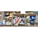 Three boxes of miscellaneous collectables, metalware, glassware, watches, a dagger, china, wooden