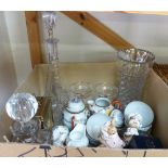 A box of miscellaneous including Japanese teaware, Pendelfin, Ainsley, Royal Albert, carriage clock,