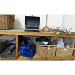 Miscellaneous - Two wicker baskets containing corbels, Tilly lamp, jam pan, bowl, cameras, clock,