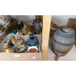 Two boxes of stoneware jugs, a plated tea pot and barrel decanter