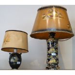 Two English chinoiserie table lamps with painted shades