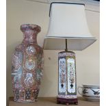 A Chinese floral decorated vase, 60cm tall, together with an oriental hexagonal porcelain twin light