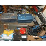 A selection of various tools in seven boxes including files, grinding disc, saws, bench vices,