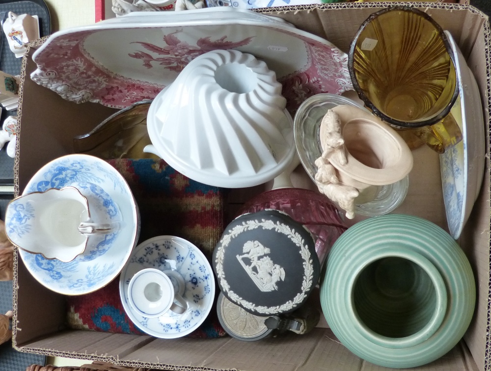 A continental stoneware stein, various moulds, blue and white ware, stool, glassware, Spode meat