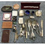 A box of collectables including pocket road map, compacts, cutlery, silver cigarette case, silver