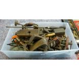 A box of tools including shoe last, wooden planes, braces, bench vices etc.