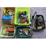 Five boxes of miscellaneous tools including spirit level, sash clamps, tap and dies, inspection