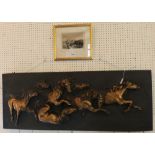 Relief moulded bronzes wall plaque of seven galloping horses together with a coloured print of