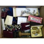 Silver and other costume jewellery, linen and sewing accessories, Victorian christening gown, etc.