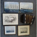 A pair of watercolours of ships by H Crane, other shipping pictures and a small accordion