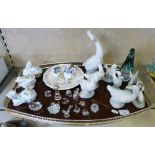 A tray of miscellaneous china and glass pieces including glass Wedgwood duck, glass crystal pieces