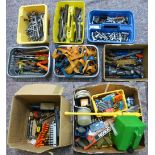 Seven boxes of miscellaneous tools, spanners, saw, socket set,fixing straps etc.