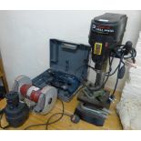 A Redeye drill press together with a drill sharpener, double headed grinder and Bosch hand drill (