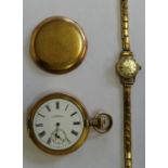 Rotary, a ladies 9ct gold wristwatch, gross weight 16gms and a Waltham gold plated full hunter