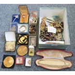 A box of costume jewellery together with a ladies amethyst and gold ring