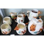 A six piece fox-hunting themed tea service together with two similar jugs