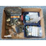 A box of collectables including coins, gem stones, metal detector finds, silver rings, wrist
