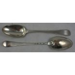 A George III silver pair of Old English and bead pattern table spoons, London 1777, contemporary
