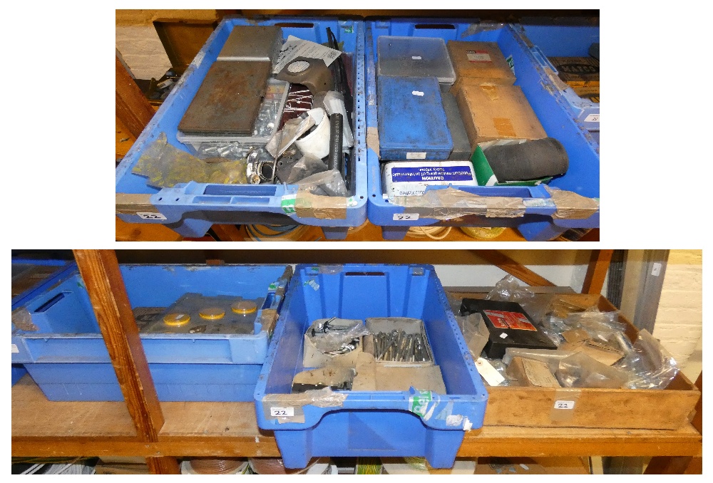 Five boxes of various nuts, bolts and tools