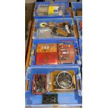 Four boxes of nuts and bolts, fastenings and other tools